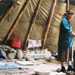 Inside an ortz, cooking tea and pancakes